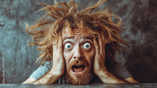 Portrait of scared and anxious man Expresing emotions. Mental health problem concept. guy have brain disorder with manic and depress emotion.  photo