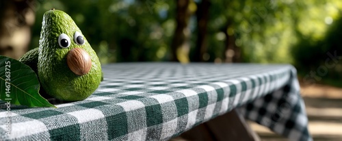 Obraz na płótnie Funny avocado with eyes and a nut for a beak on a picnic blanket w salonie