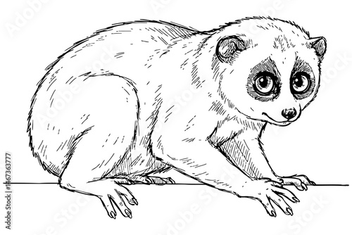 vector illustration of a slow loris with large round eyes, detailed fur texture, and curved posture, perfect for educational wildlife materials, conservation themes, or exotic animal designs.