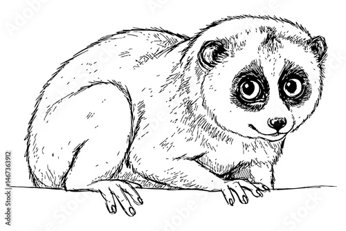 vector illustration of a slow loris with large round eyes, detailed fur texture, and curved posture, perfect for educational wildlife materials, conservation themes, or exotic animal designs.
