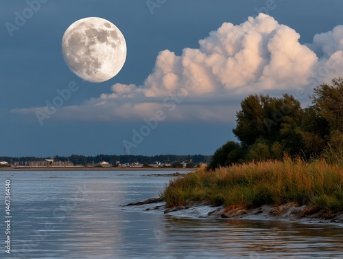 Full moon over tranquil river landscape