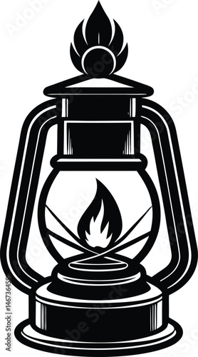 Single Classic Glass Oil Lamp Illustration Black and White Vector Art Featuring Vintage Lamp Design with Flame Perfect for Halloween Decorations Digital Art Crafts and Spooky Creative Projects

