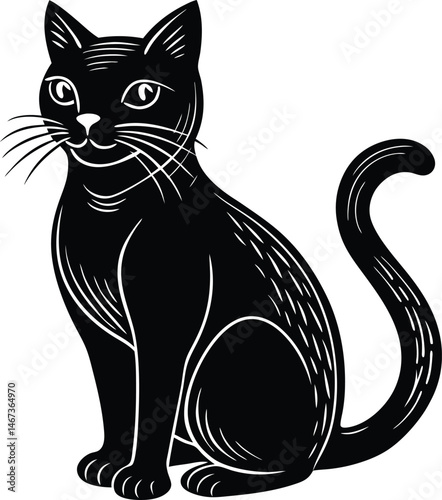 Single Black Cat Illustration Black and White Vector Art Featuring Classic Sitting Cat Design with Pointed Ears Perfect for Halloween Decorations Digital Art Crafts and Spooky Creative Projects
