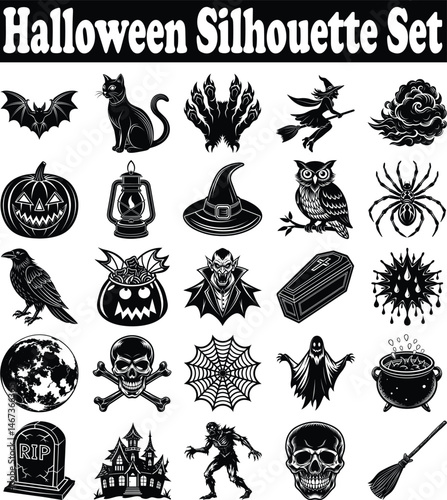 Halloween Silhouette Collection Vector Bundle with 25 Spooky Designs Including Witches Ghosts Bats Pumpkins Haunted Houses and Skeletons Perfect for Crafts Party Decor and Digital Art Projects