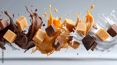 Delicious Caramel Chocolate and Milk Fudge Candy Splashes Sweet Treat Food Photography