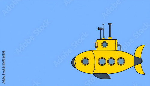 an illustration of a yellow submarine with a dorsal fin, floating underwater against a light blue background