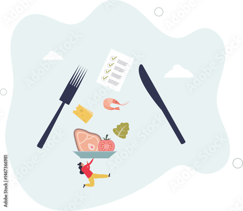 Healthy meal planning with daily food ingredients list .Weekly eating schedule with plan for slimming. character life .