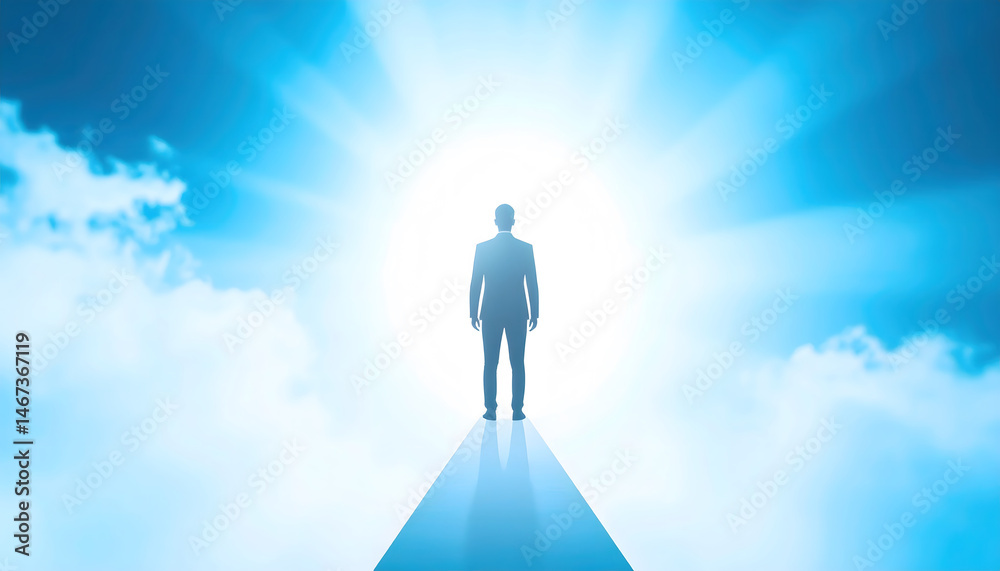 Obraz premium a single person walking towards a bright light, which appears to be emanating from a source in the distance