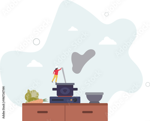 Woman makes soup. Household chores, routine, tasty and healthy food. Diet, taking care of your health, weight loss. character life .