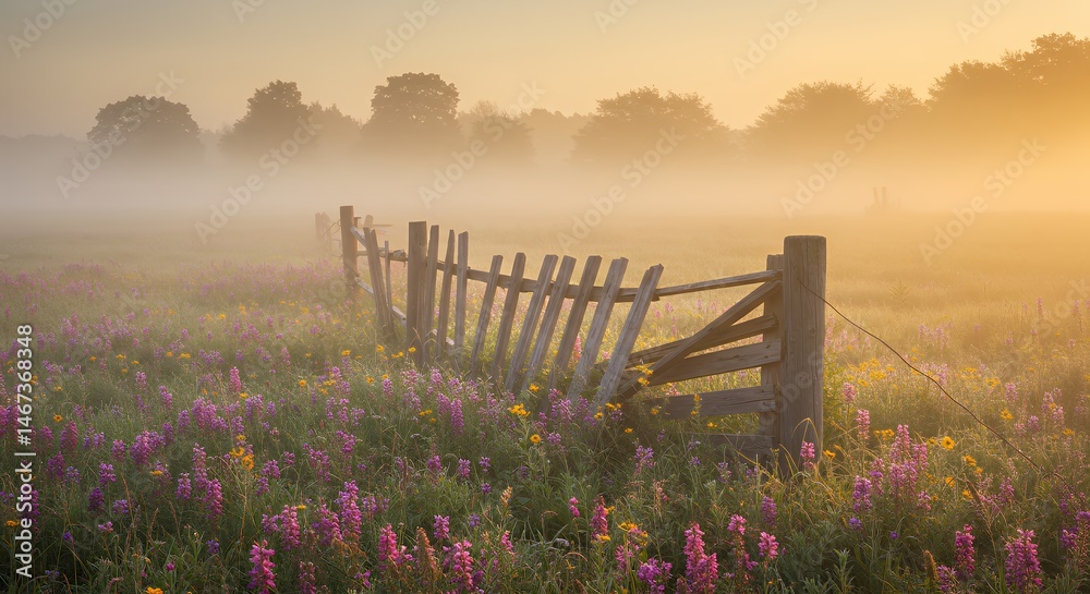 Obraz premium Field Fence in Fog with Wildflowers at Sunrise