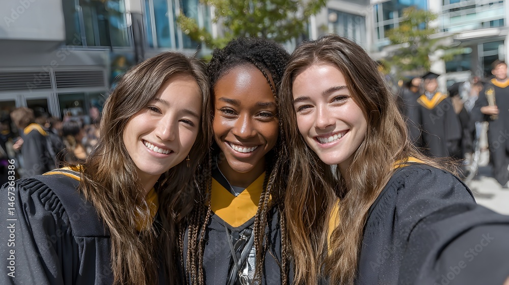 Fototapeta premium Three smiling female graduates in black gowns take a cheerful selfie together on graduation day outside a university building.