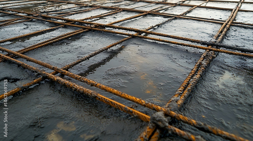Fototapeta premium close up of steel reinforcement rods with concrete slurry around them, the rebar weaving through the cement with visible tool marks, fresh concrete on the edges