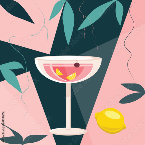 tropical cocktail with lemon on pink and green background