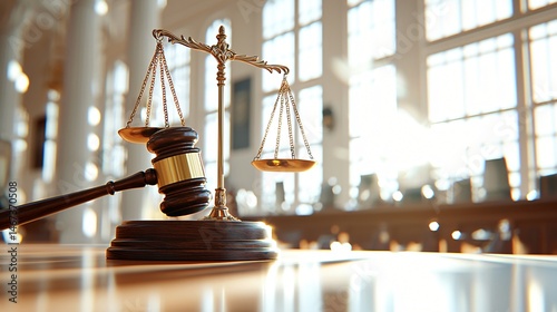 a wooden gavel and brass balance scale sitting side-by-side on a courtroom table, illuminated by soft natural light, subtle reflections on polished wood, peaceful atmosphere, legal symbolism,