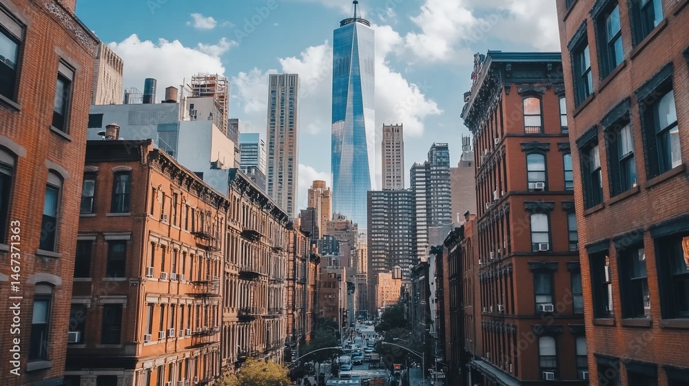 Obraz premium City street perspective, looking down a New York City street with old buildings, and modern skyscrapers towering in the distance, under a partly cloudy sky.