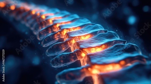 3D illustration of a human spine with highlighted vertebrae,