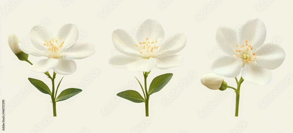 Fototapeta premium three white jasmine flowers isolated on pure background, front side and back views