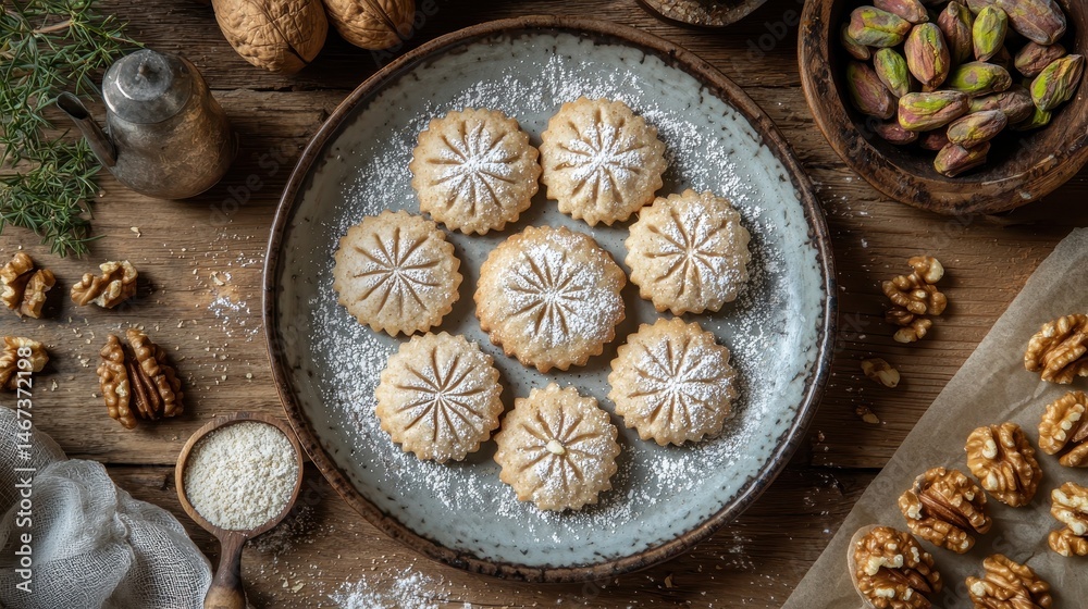 Elegant Shortbread Cookies with Powdered Sugar and Nut Accompaniments Elegant Shortbread Cookies with Powdered Sugar and Nut Accompaniments