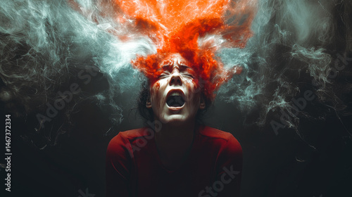 Bipolar disorder concept. Portrait of woman with manic and depress emotion. Mental health, brain disorder and psychological concept