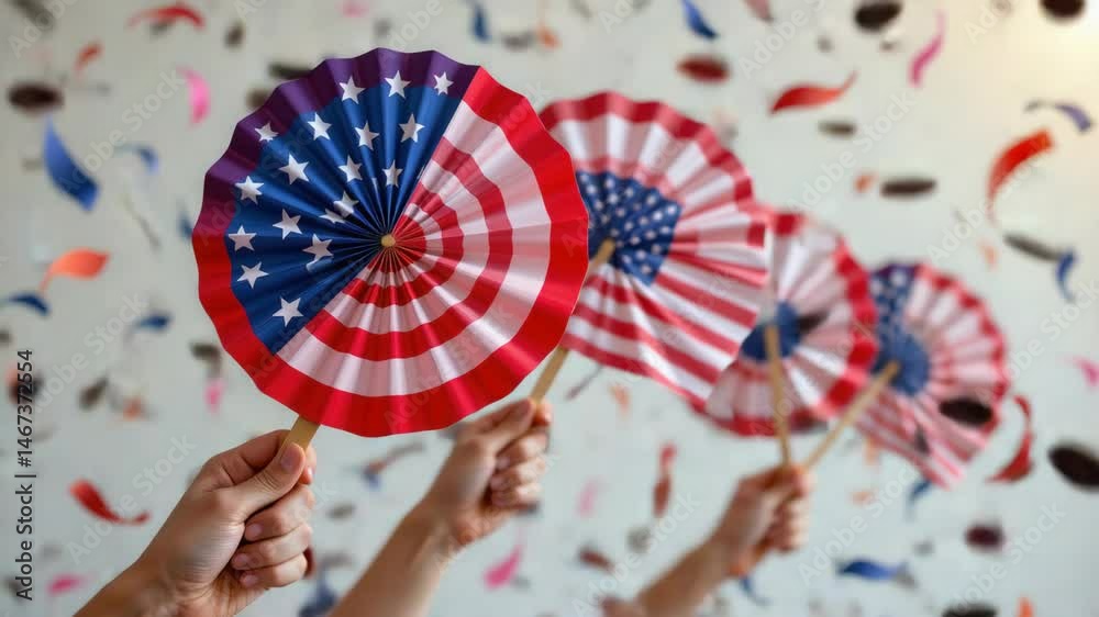 Hands hold paper fans decorated with the American flag as colorful confetti floats in the air, suggesting a patriotic celebration.
