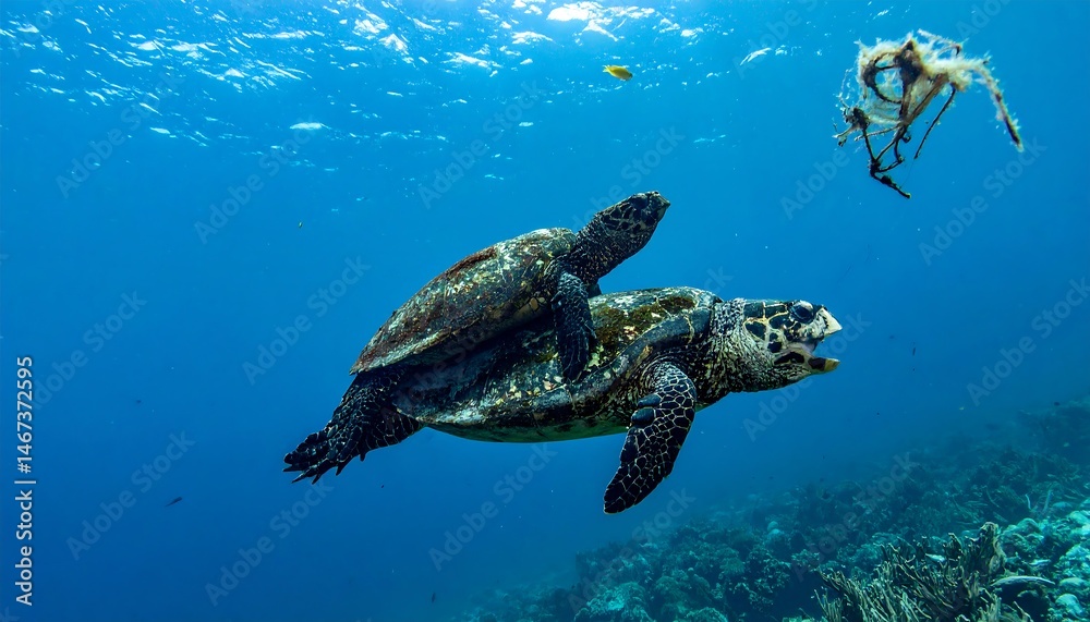 Fototapeta premium Sea Turtle and Ocean Plastic Pollution