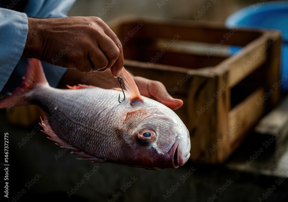 Close-up of hands holding freshly caught red snapper with fishing hook