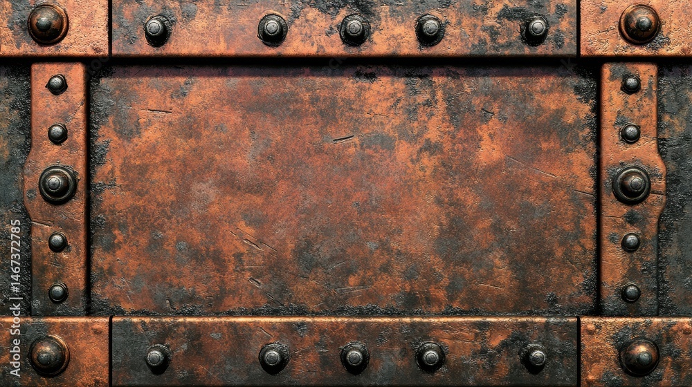 Rusted copper plate showcasing industrial decay with darkened edges and grunge details, reflecting a bygone era of craftsmanship and wear Rusted copper plate showcasing industrial decay with darkened edges and grunge details, reflecting a bygone era of craftsmanship and wear