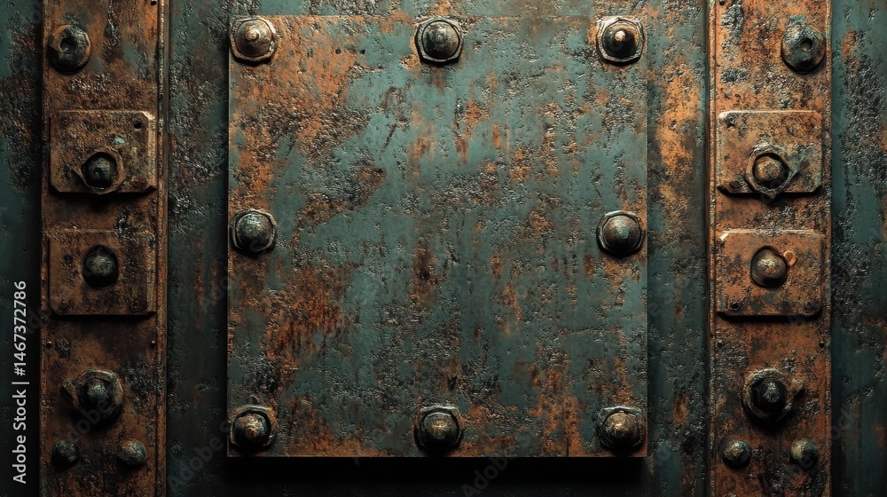 Fototapeta premium Unique rustic copper plate showcasing layers of industrial decay and grunge with darkened edges, inviting an exploration of retro metal textures in striking detail