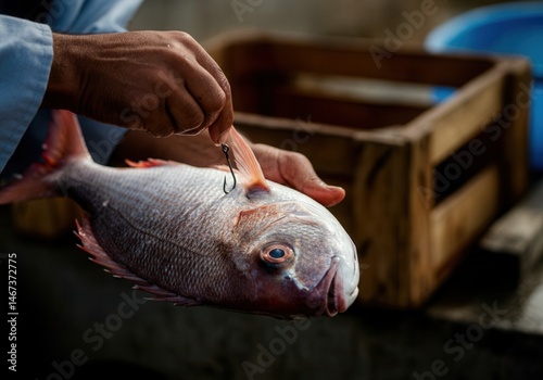 Obraz na płótnie Close-up of hands holding freshly caught red snapper with fishing hook w salonie