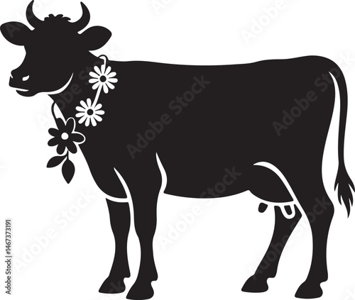 Happy cow with a flower necklace icon vector silhouette