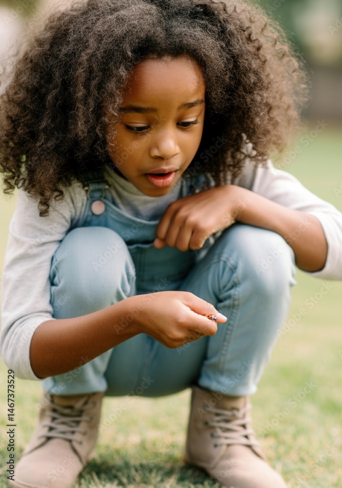 Curious young girl examining a ladybug in a park on a sunny day