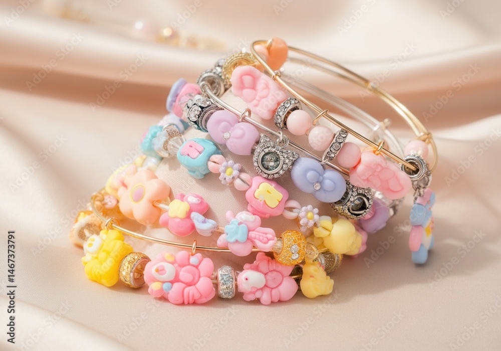 Colorful beaded bracelets with pastel charms on satin background
