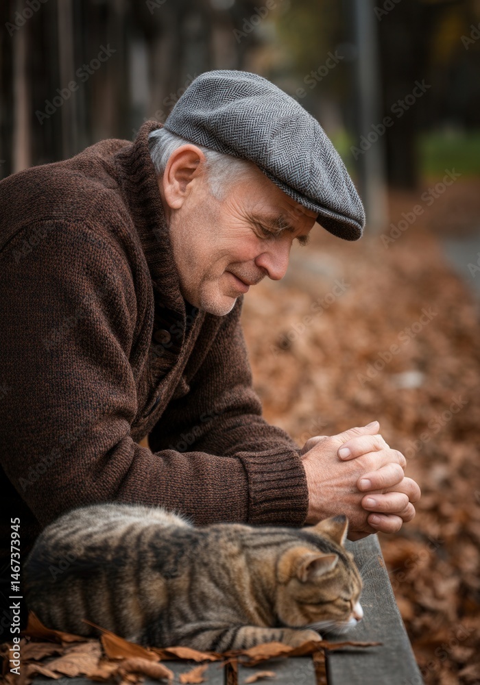 Elderly man in cap relaxing on bench with cat in autumn park