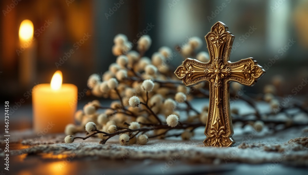 Ornate gold cross with candle and willow branches in soft light