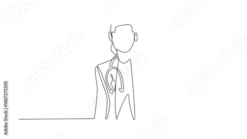 Self drawing animation of continuous line drawing a female doctor standing confidently with a stethoscope around neck. Professionalism. Expertise. National Women Physicians Day. Full length animated