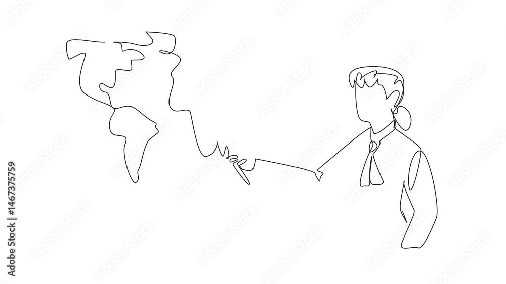 Animated self drawing of continuous line drawing woman holding a stick and pointing at a world map. Expert explaining the weather. National Weatherperson's Day. Full length single line animation Animated self drawing of continuous line drawing woman holding a stick and pointing at a world map. Expert explaining the weather. National Weatherperson's Day. Full length single line animation