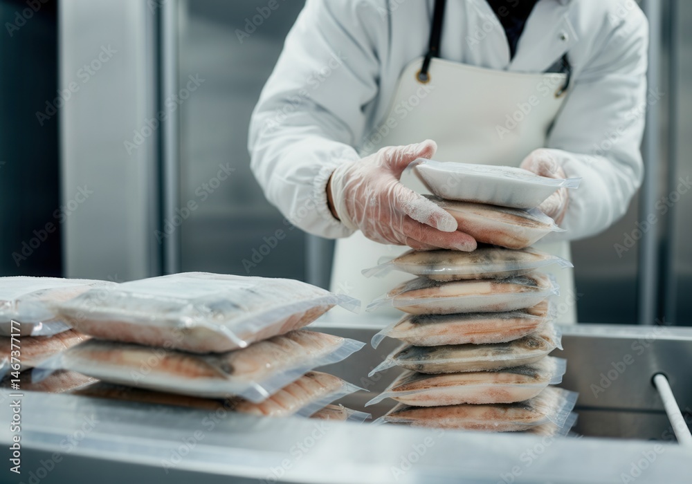 Worker stacking vacuum-packed fish in industrial processing facility