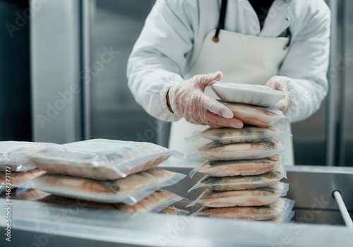 Obraz na płótnie Worker stacking vacuum-packed fish in industrial processing facility w salonie