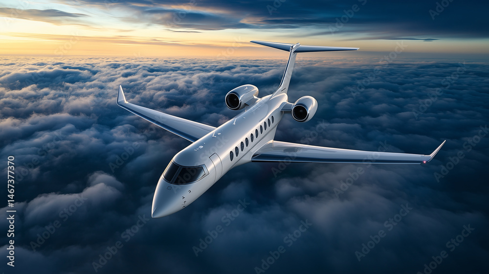 Fototapeta premium Side view of civil aviation aircraft cruising between cloud layers, upper sky rich in twilight hues