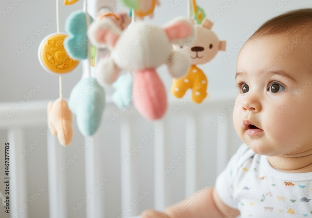 Curious baby gazing at colorful mobile toys while in crib in nursery room