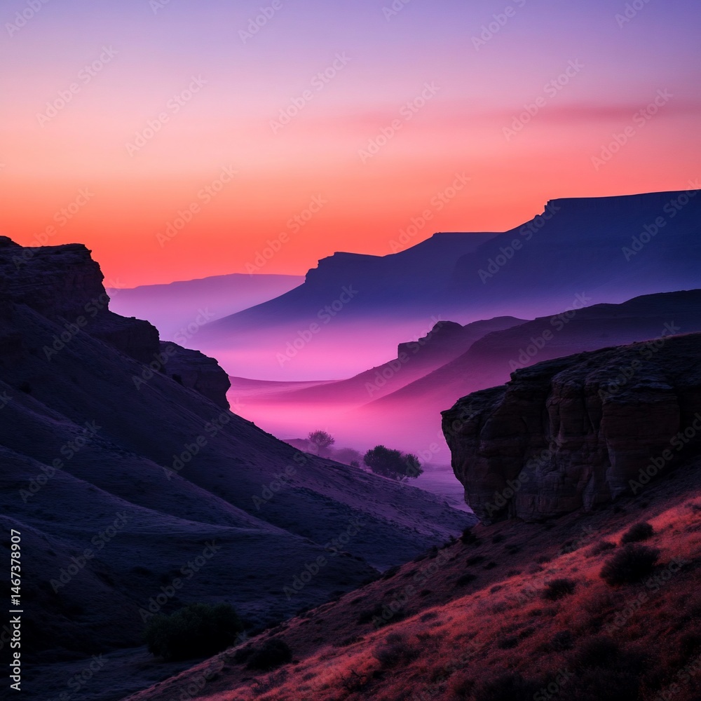 Serene Mountain Vista with Layers of Pastel Hues in Twilight Scenery Serene Mountain Vista with Layers of Pastel Hues in Twilight Scenery