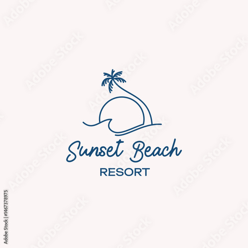 Minimalist Line Art Logo of Tropical Beach with Palm Trees & Sun