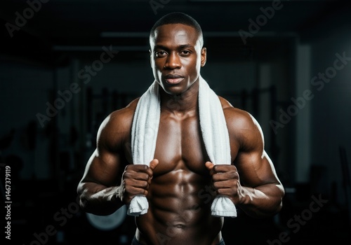 Obraz na płótnie Muscular athlete with towel in dark gym showing serious expression w salonie