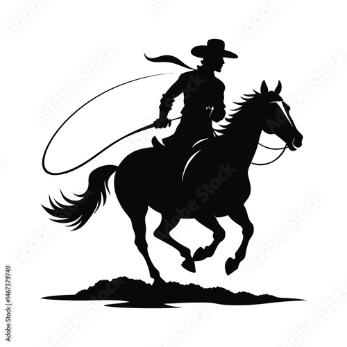 Cowboy on galloping horse black silhouette