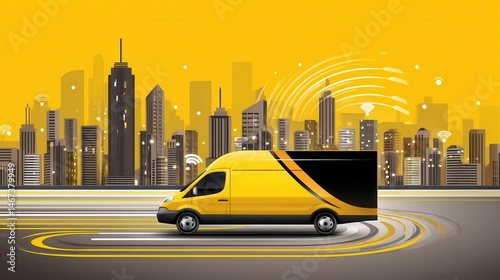 Yellow delivery van moving through a modern city.