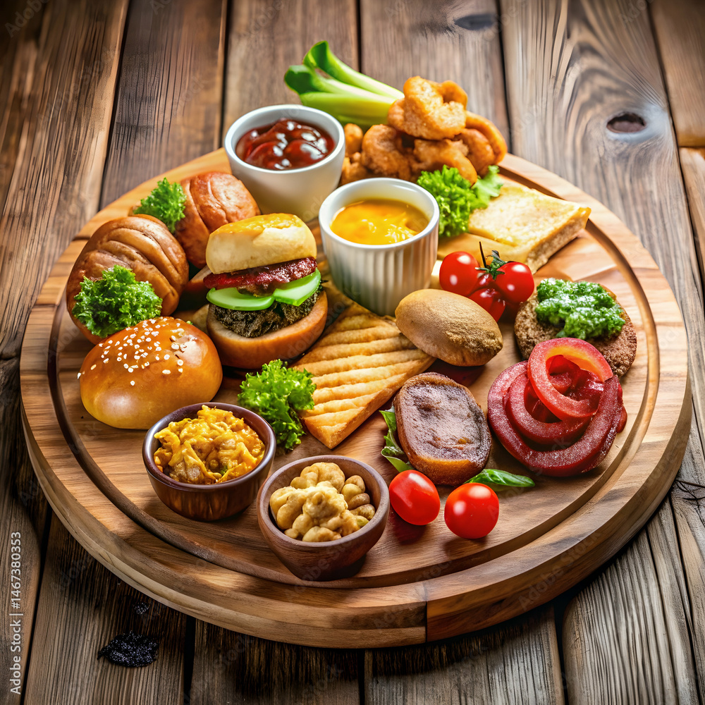 Variety of food on wooden coaster Variety of food on wooden coaster