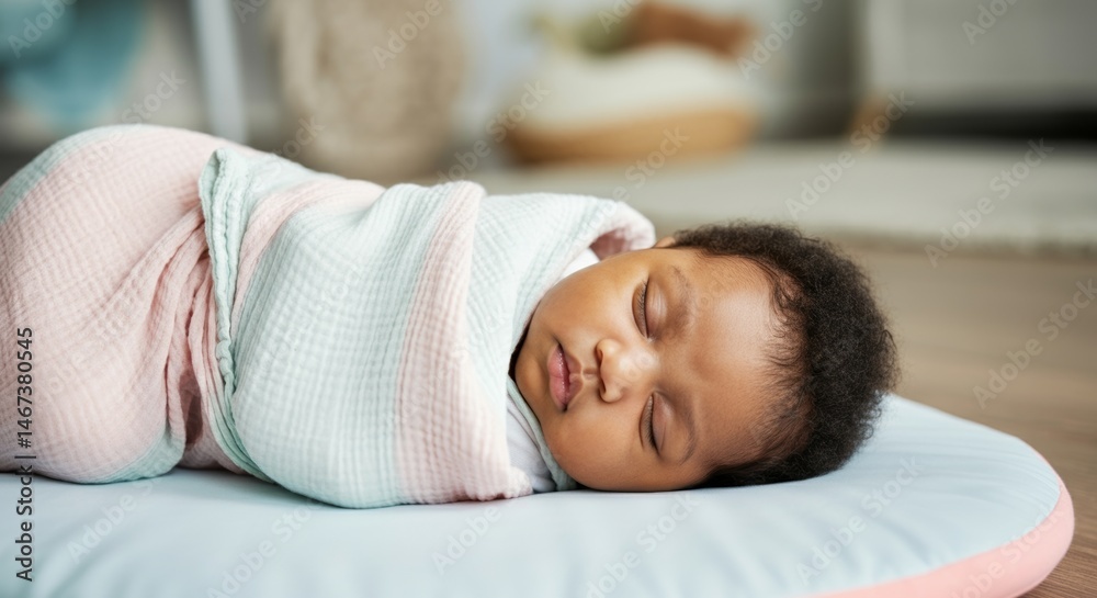 Peaceful African American newborn sleeping on soft cushion in pastel swaddle