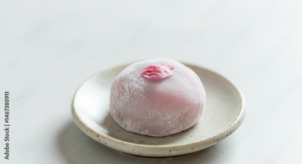 Delicate pink Sakura mochi on ceramic plate against white background