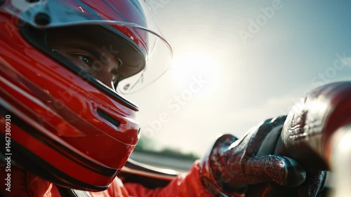 Focused driver of formula one grips steering wheel under bright helmet visor, eyes fixed on racing line ahead. Skilled driver pushes race car to high speed, adrenaline surging with every corner