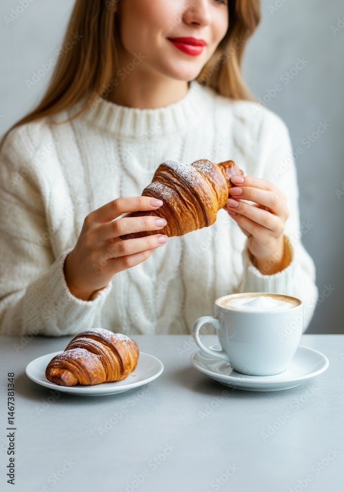 Woman enjoying fresh croissants and coffee in cozy sweater at cafe table